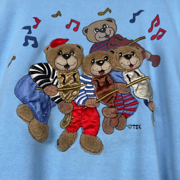 Vintage 80s Pinwheel 3D Fuzzy Teddy Bears Playing Music Teacher Crewneck Size M - Picture 4 of 7